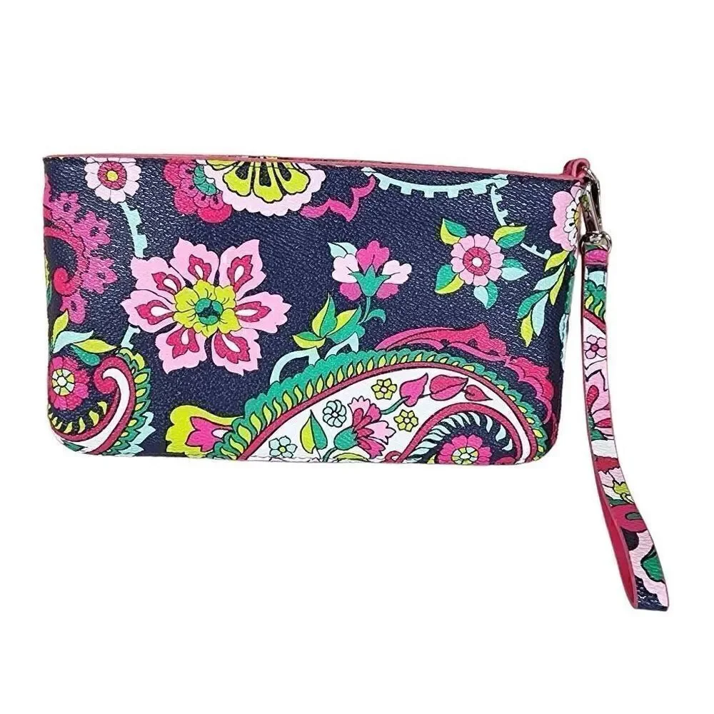 Vera Bradley- Classic Wristlet Top Zip Vinyl in Petal Paisley Blue Magenta